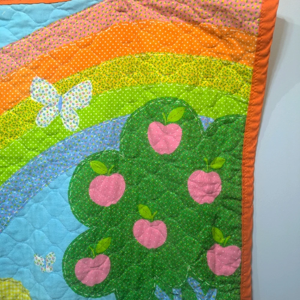 Vintage Handmade Childs Quilt Sunbonnet Sue Rainbow Apple Neon Reversible Bonnet